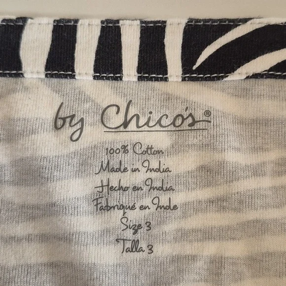 CHICO'S NWT 3 Black White Zebra Print Top 100% Cotton 3/4 Sleeve Tunic Blouse - Picture 3 of 7
